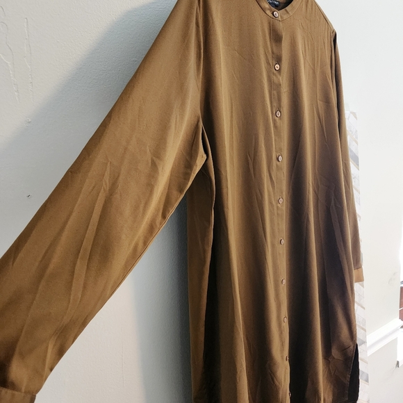 Eileen Fisher Large Gold Leaf Recycled Satin Long Shirt Dress Mandarin Collar - Picture 7 of 10